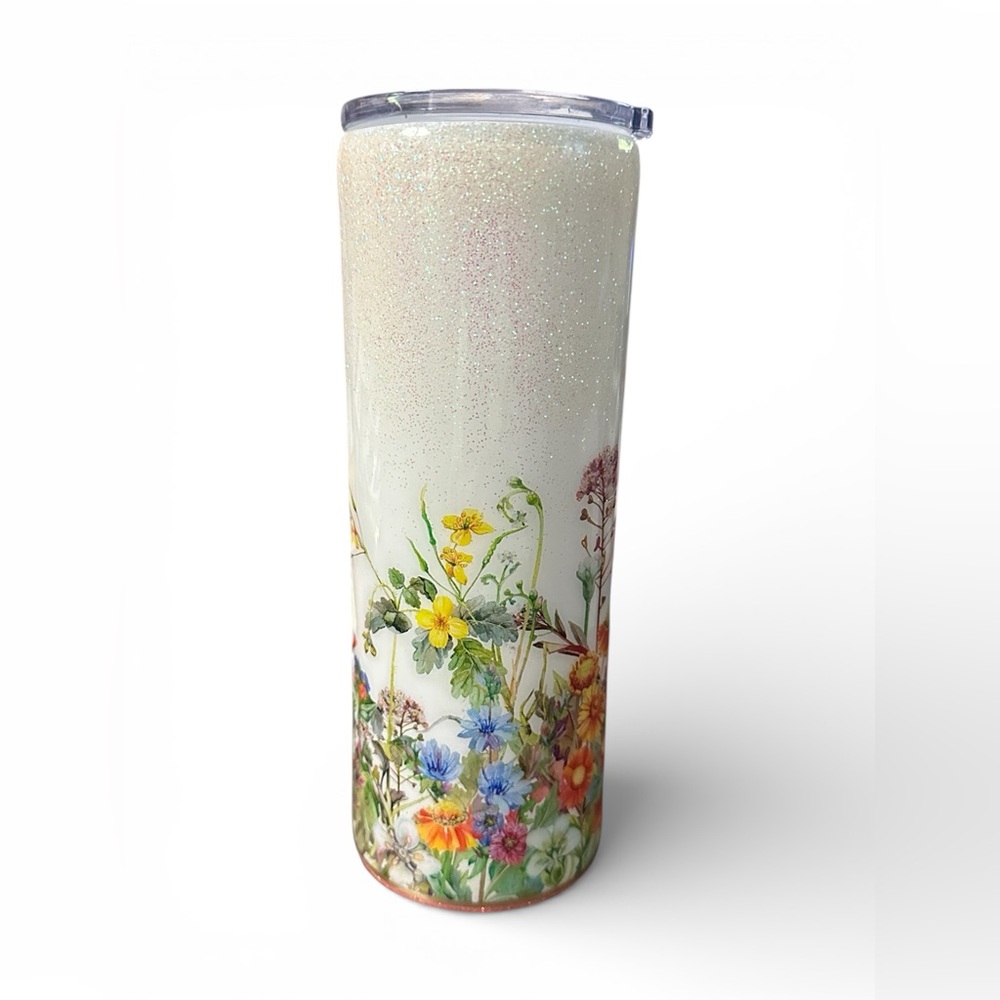 Floral and Pink Glitter Stainless Steel 20oz Tumbler, Lid & Straw‎ NWOT